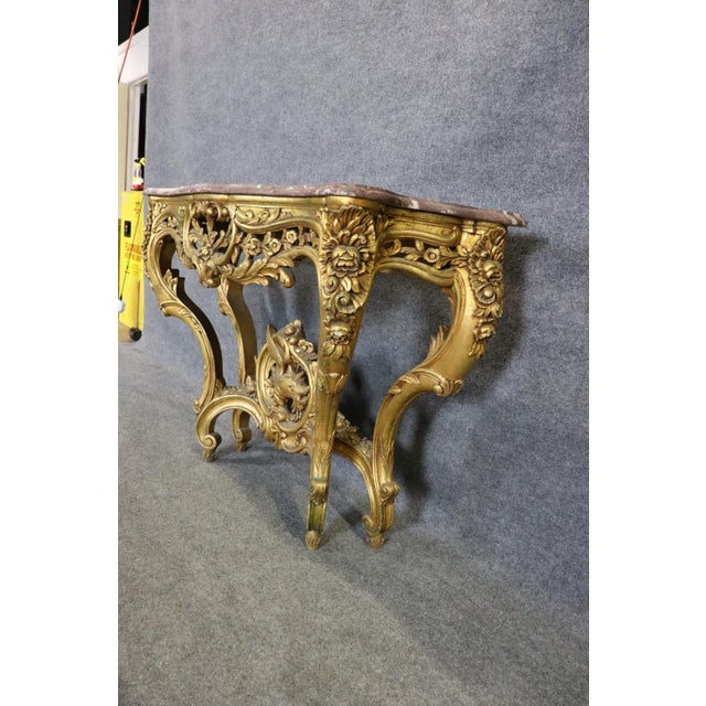 Wood French Louis XV Giltwood Marble Top Wall Mounted Console Table C. 1870s For Sale - Image 7 of 9