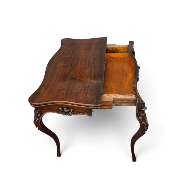 French 19th Century French Gabriel Legs Rosewood Inside Black Leather Game Table/Console Table. For Sale - Image 3 of 17