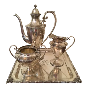 Antique Howard & Co New York Sterling Silver Coffee Pot, Open Sugar Bowl, Creamer and Matching Tray- 4 Pieces