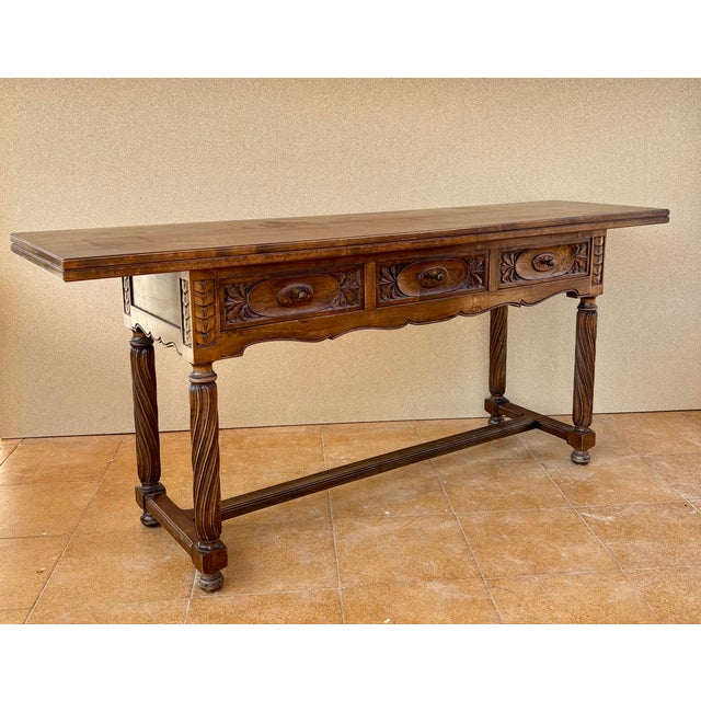 Baroque Spanish Walnut Drop-Leaf Table with Three Drawers, 1930s For Sale - Image 3 of 15