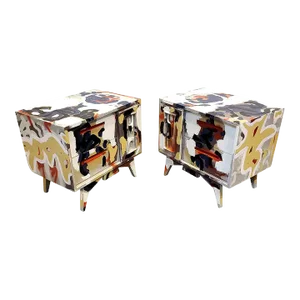 Postmodern Artist Painted Graffiti Style Art on Vintage Mid Century Nightstands