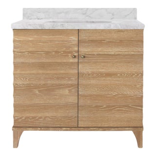 Matthew Izzo Home Rhodes Cerused Oak Two Fluted Doors, Single Sink Porcelain Bath Vanity With and Carrara Marble and Brass Knobs For Sale