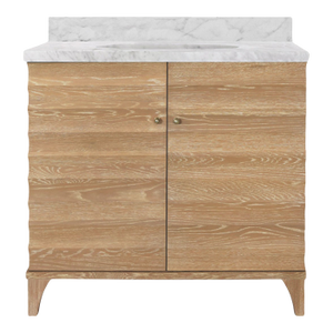 Matthew Izzo Home Rhodes Cerused Oak Two Fluted Doors, Single Sink Porcelain Bath Vanity With and Carrara Marble and Brass Knobs