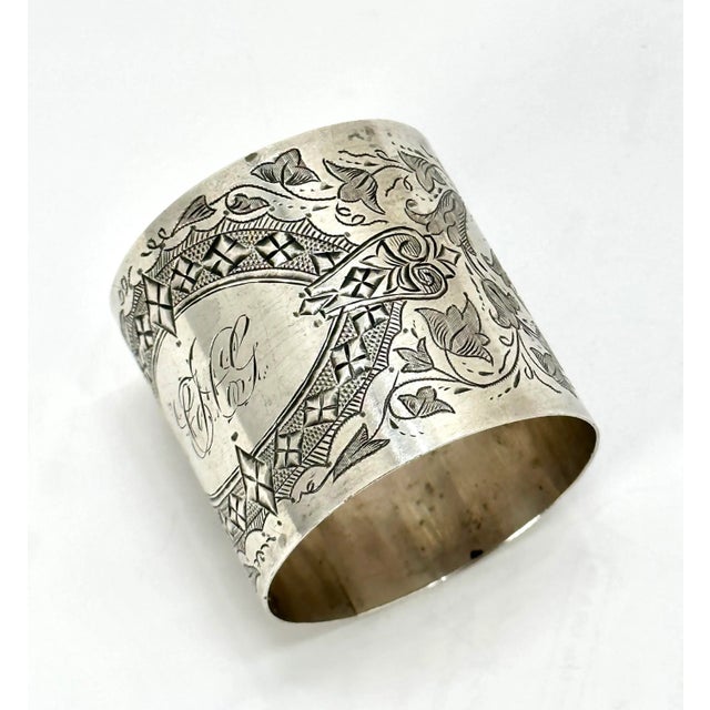 Oversize Beautifully Hand Engraved Antique American Victorian Sterling Silver Napkin Ring - Circa 1870s For Sale - Image 4 of 12