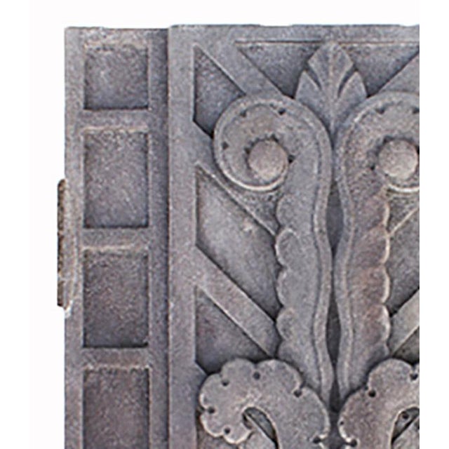 Early 20th century carved limestone exterior building panels. Art Deco geometric and foliate motif. Circa 1930. Four...
