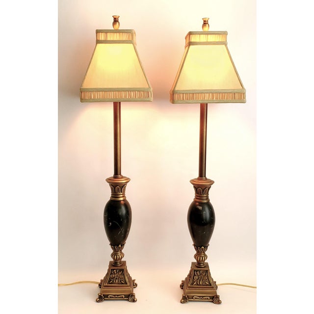 Lamps Maitland Smith Black Marble Pair & Silk Shades For Sale - Image 10 of 12