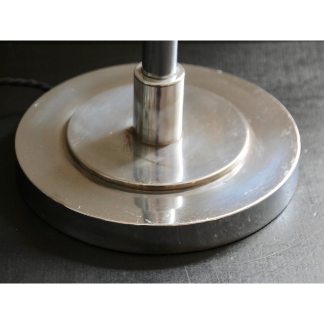 Modern Art Deco French Metal and Opaline Glass Table Lamp from Mazda, 1930s For Sale - Image 3 of 11