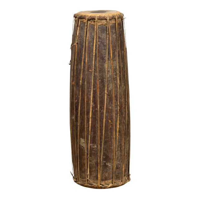 Mid 19th Century Antique Indonesian Slender Freestanding Wooden Drum with Leather Drumhead For Sale