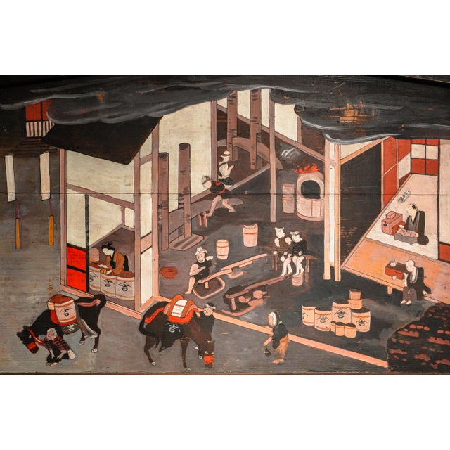 A wonderfully unusual antique Japanese freestanding tsuitate-style screen, featuring a richly detailed hand-painted scene...