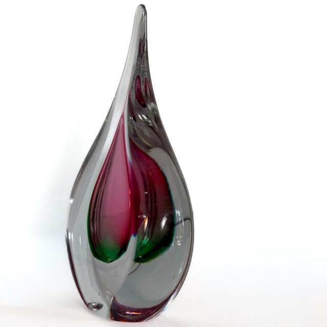 Contemporary Signed Art Glass Sommerso Teardrop Sculpture Paperweight, Red & Green Encased Glass For Sale - Image 3 of 6