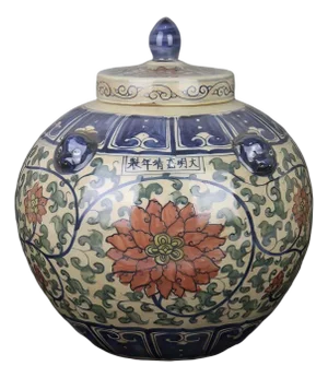 Chinese Vintage Ceramic Pot,Ming Dynasty Jiajing Marked Blue and White Doucai Porcelain Lid Jar Hand Painted Lotus Flowers Pattern