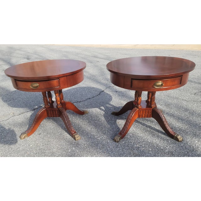 Late 20th Century Georgian Banded Inlaid Cherry Drum Side Tables, a Pair For Sale - Image 10 of 10