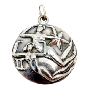 Circa 1950 Margot De Taxco Zodiac Sterling Silver Gemini Pendant Medallion