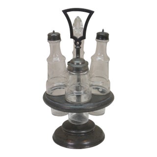 Antique Victorian Silver Plate Etched Glass Cruet Condiment Set 12" For Sale
