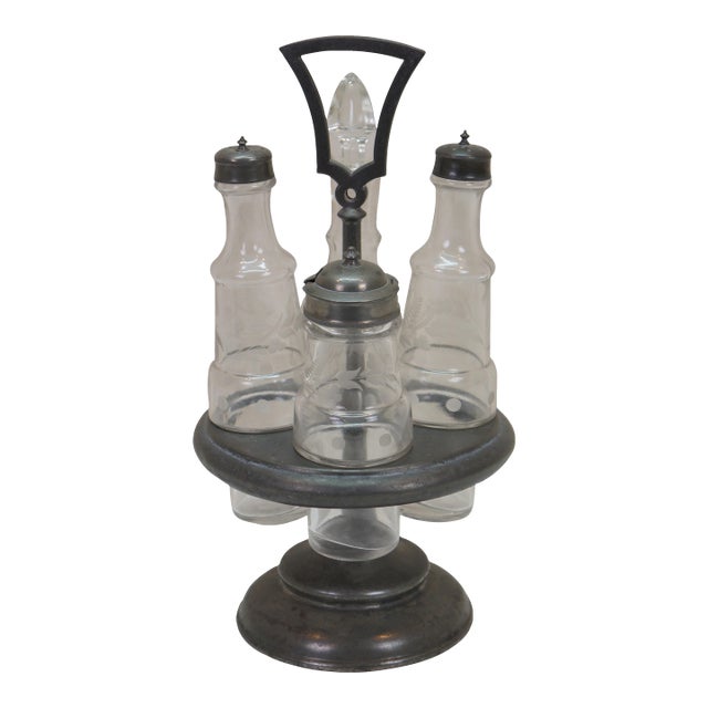 Antique Victorian Silver Plate Etched Glass Cruet Condiment Set 12" For Sale