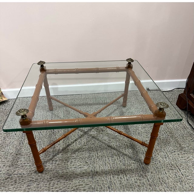 1970s Vintage Faux Bamboo Wood & Glass Coffee Table For Sale - Image 12 of 12