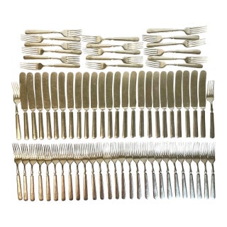 Mid 1800s Antique English Boho Chic Monogrammed Silver Plate Knives and Forks - Set of 70 For Sale