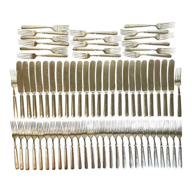 Mid 1800s Antique English Boho Chic Monogrammed Silver Plate Knives and Forks - Set of 70 For Sale