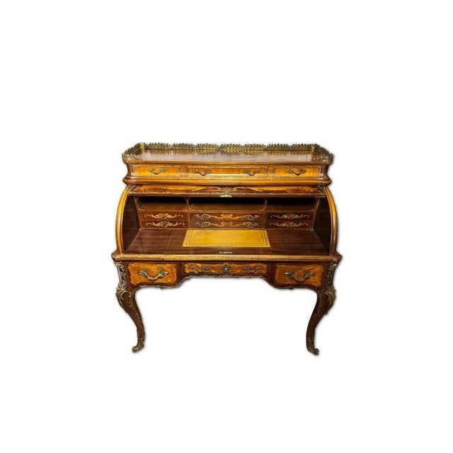 Mid 18th Century Mid 18th Century Louis XVI Style Marquetry Bureau À Cylindre Roll-Top Desk With Brass Gallery For Sale - Image 5 of 5