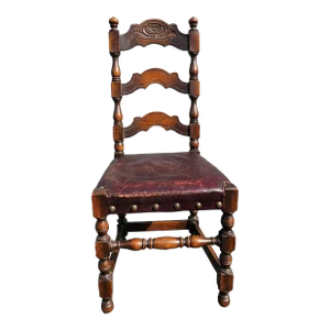 Jacobean Revival Style Leather Upholstered Oak Side Chair, 19th-20th Century