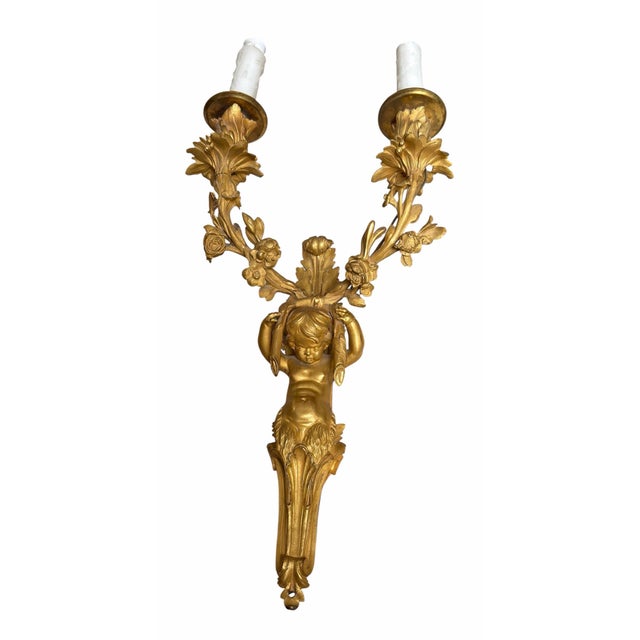 French Pair of Antique 19c French Gilt Bronze Cherubic Light Sconces For Sale - Image 3 of 8