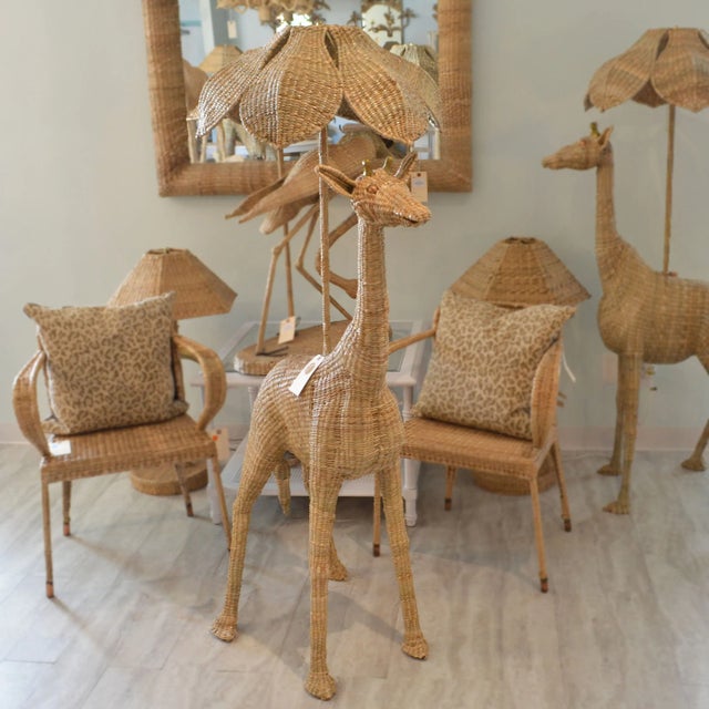 Giraffe Floor Lamp by Mario Lopez Torres. There are minor imperfections to the hand-made woven rattan. Signed Mario Lopez...