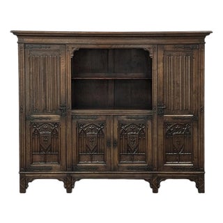 French Gothic Revival Carved Oak Cabinet Bookcase For Sale