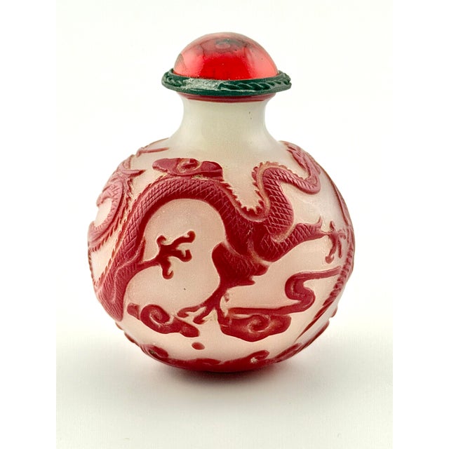 Asian Chinese Peking Glass Snuff Bottle-Carved Red Cameo Overlay Dragon & Phoenix Design, 19th Century For Sale - Image 3 of 9