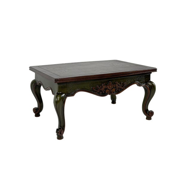 Unique Vintage French Provincial Style Carved Two Tone Green and Brown Coffee Table For Sale - Image 4 of 13