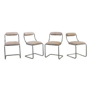Set of Four Tubular Steel Chairs, Space Age, Upholstered in White Suede. C. 1970, Set of 4 For Sale