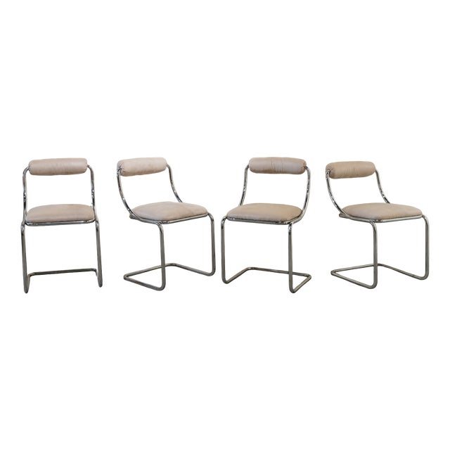 Set of Four Tubular Steel Chairs, Space Age, Upholstered in White Suede. C. 1970, Set of 4 For Sale