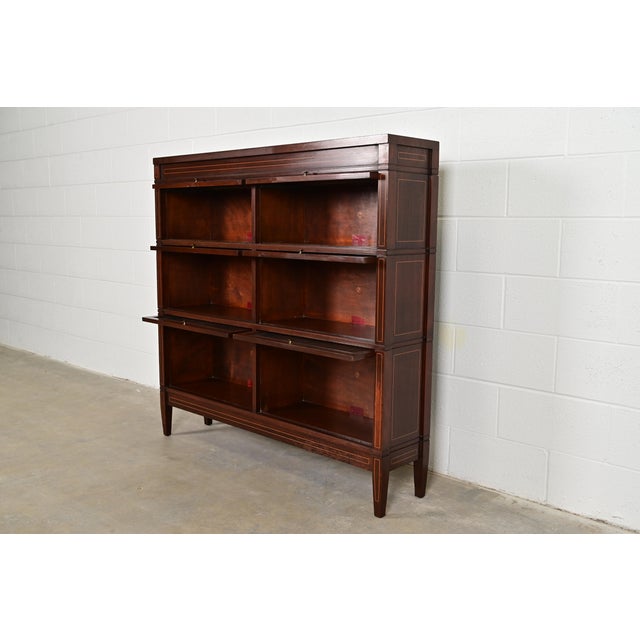 Globe Wernicke Arts & Crafts Inlaid Mahogany Three-Stack Double Barrister Bookcase, Circa 1900 For Sale In South Bend - Image 6 of 13