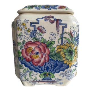 Vintage Hand-Painted Floral Ceramic Lidded Jar, Chinoiserie Motif For Sale