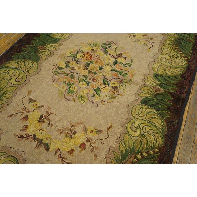 1930s Ivory Floral Medallion Antique American Hooked Rug 3'11" X 6'4" Handknotted Wool Carpet For Sale - Image 4 of 5