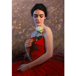 Lady in Red by Bunyod Suvonov | Oil on canvas Portrait of a woman in a red dress holding a rose. For Sale