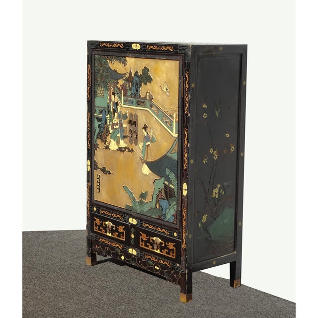 Vintage Oriental Asian Black Lacquer Cabinet Chinoiserie Side Table Signed Asis For Sale - Image 4 of 17