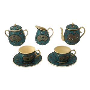 19th Century Japanese Cloisonne Enamel Ceramic Tea Set of 7 Pieces