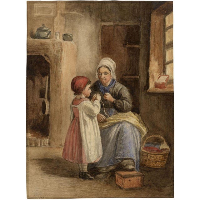 An original 1871 watercolour painting, E. Rengert, Seamstress with Young Girl.A charming Victorian genre scene. This...