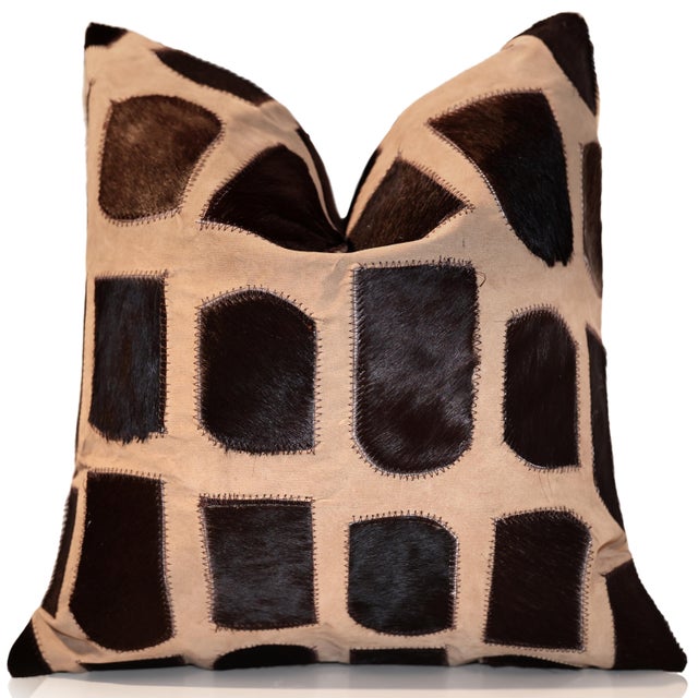 Farmhouse Luxury Patchwork Genuine Hair-on Cowhide Pillow 18x18 | Handmade Designer Leather Cushion For Sale - Image 3 of 7