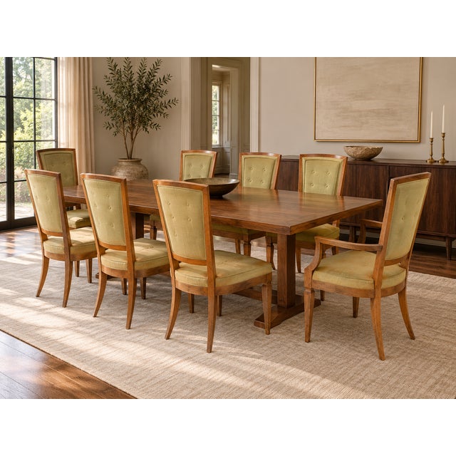 Elegant set of eight vintage Baker Furniture Milling Road dining chairs, dating to the 1960s and comprising two armchairs...