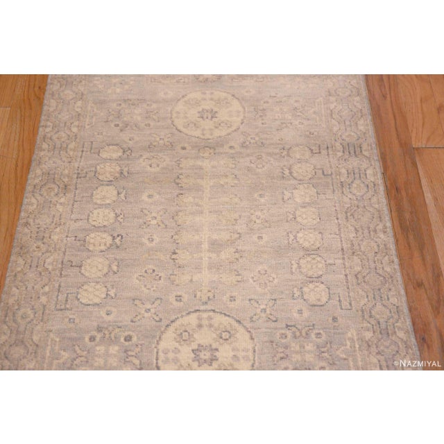 Nazmiyal Collection Light Neutral Grey Khotan Pomegranate Design Modern Runner Rug For Sale - Image 4 of 7