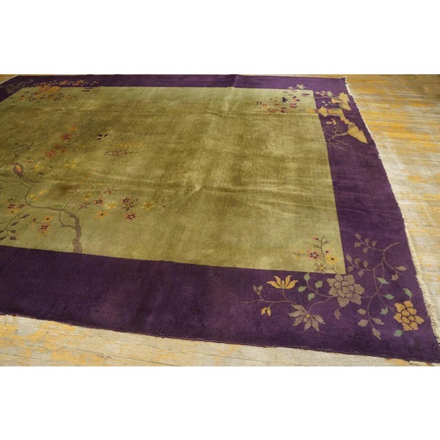 Olive 1920s Olive Green Floral Vase Antique Chinese Art Deco Carpet 9' X 12' Knotted Wool Rug For Sale - Image 8 of 11