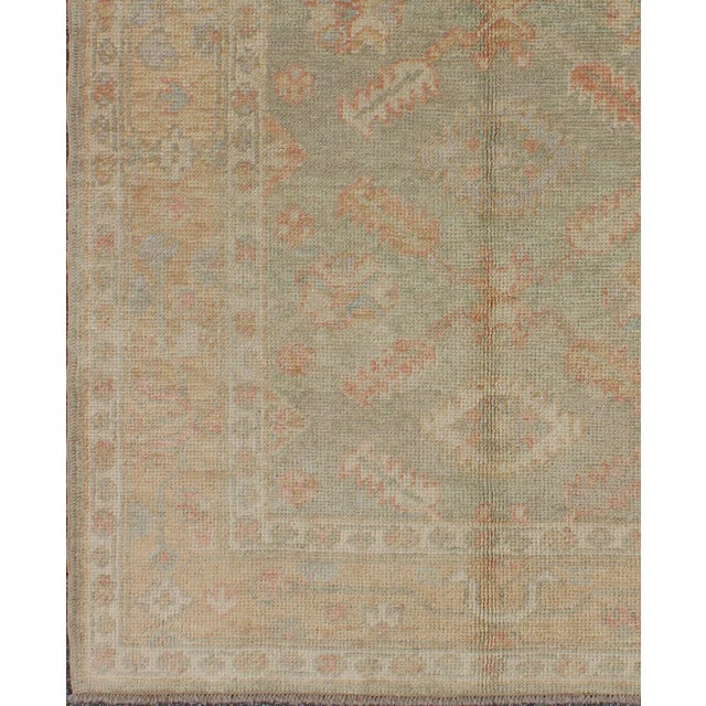 1990s Turkish New Oushak Rug With Green, Neutral Colors and All-Over Flower Design For Sale - Image 5 of 8
