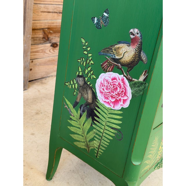 Traditional Custom Painted Tropical Parrot Decoupage Lingerie Chest or Tall Nightstand For Sale - Image 3 of 12