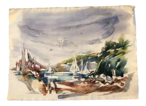 Original Mid Century Modern Abstract Sail Boat Scene Original Watercolor Painting