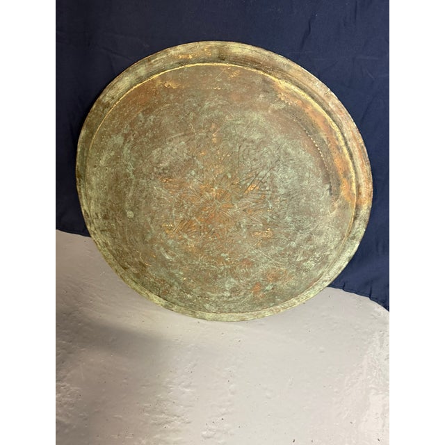 Antique Anglo-Indian Benares Brass Tray Table with Hand-Carved Folding Wooden Base, 1910 For Sale - Image 14 of 15