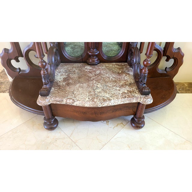 Antique Victorian Hall Tree With Mirror, Drawer, and Marble Shelf Base - Exceptional Carving For Sale In San Diego - Image 6 of 11