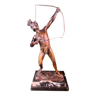 1900s Bronze Sculpture Indian With Bow Signed O Hartel For Sale