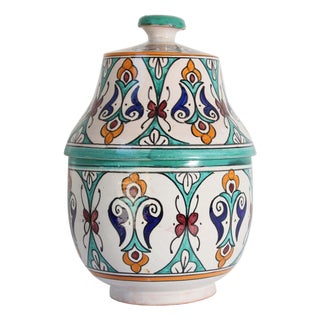 Glazed Moorish Ceramic Covered Jar Handcrafted in Fez Morocco For Sale