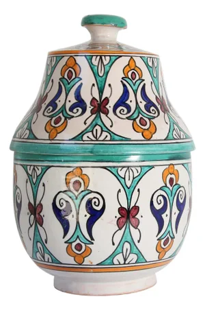 Glazed Moorish Ceramic Covered Jar Handcrafted in Fez Morocco